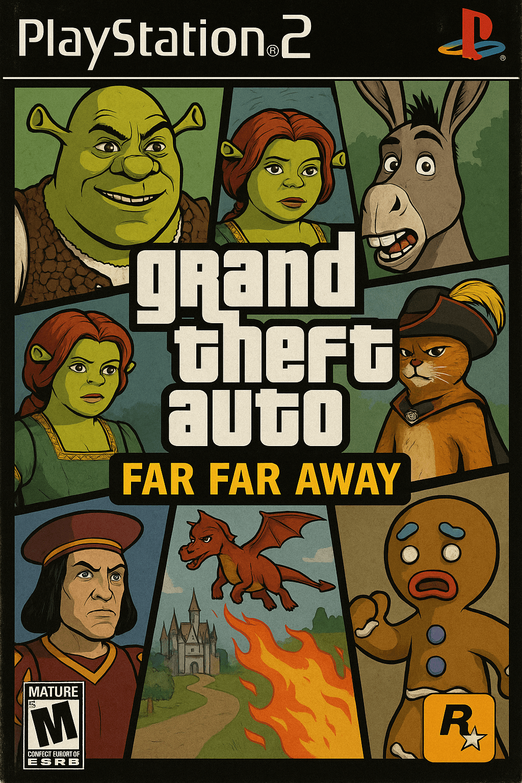 AI image prompt – PS2 Game Cover (GTA x Shrek) output image