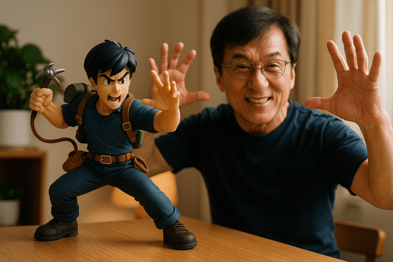 AI image prompt – Action Figure and Real Person in the Same Frame output image