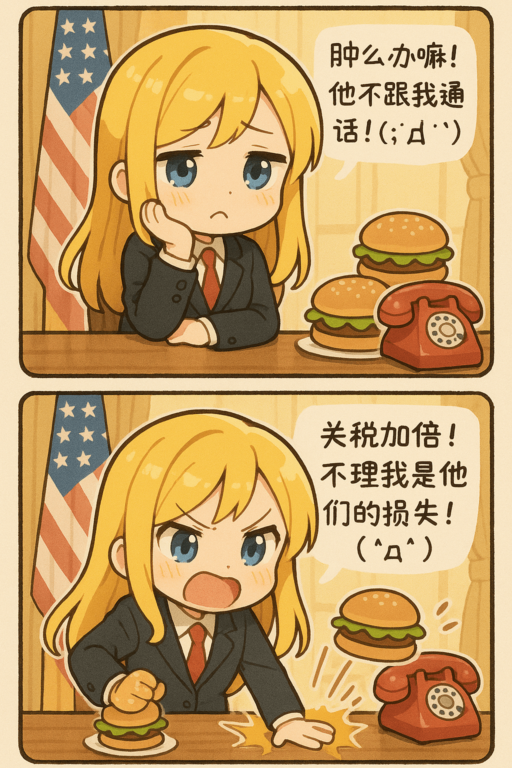 AI image prompt – Japanese-style Two-Panel Manga (Angry Girl President) output image