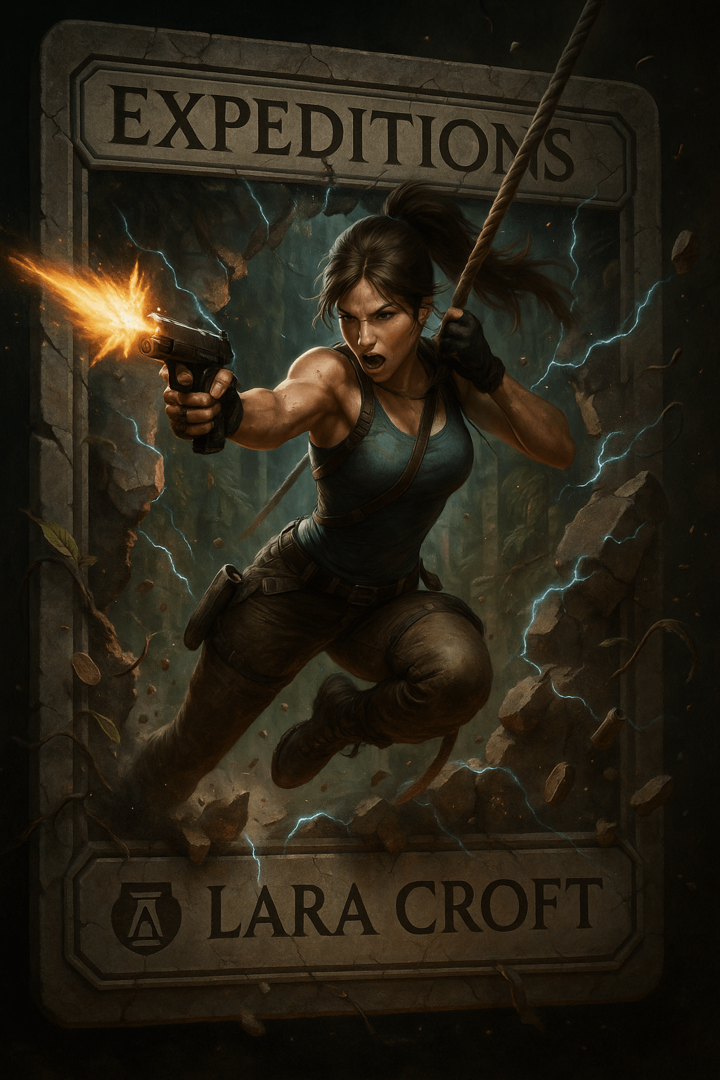 AI image prompt – Physical Destruction Effect Card (Lara Croft) output image
