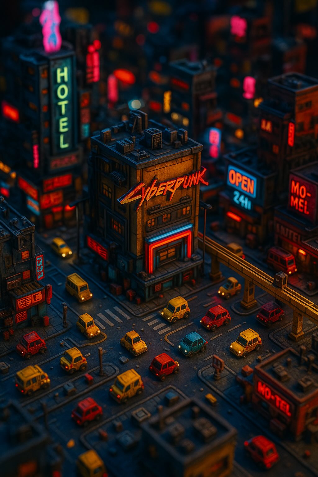 AI image prompt – Miniature Cyberpunk Tilt-Shift Landscape output image