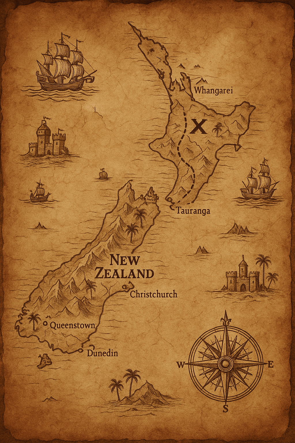 AI image prompt – Google Maps to Ancient Treasure Map output image